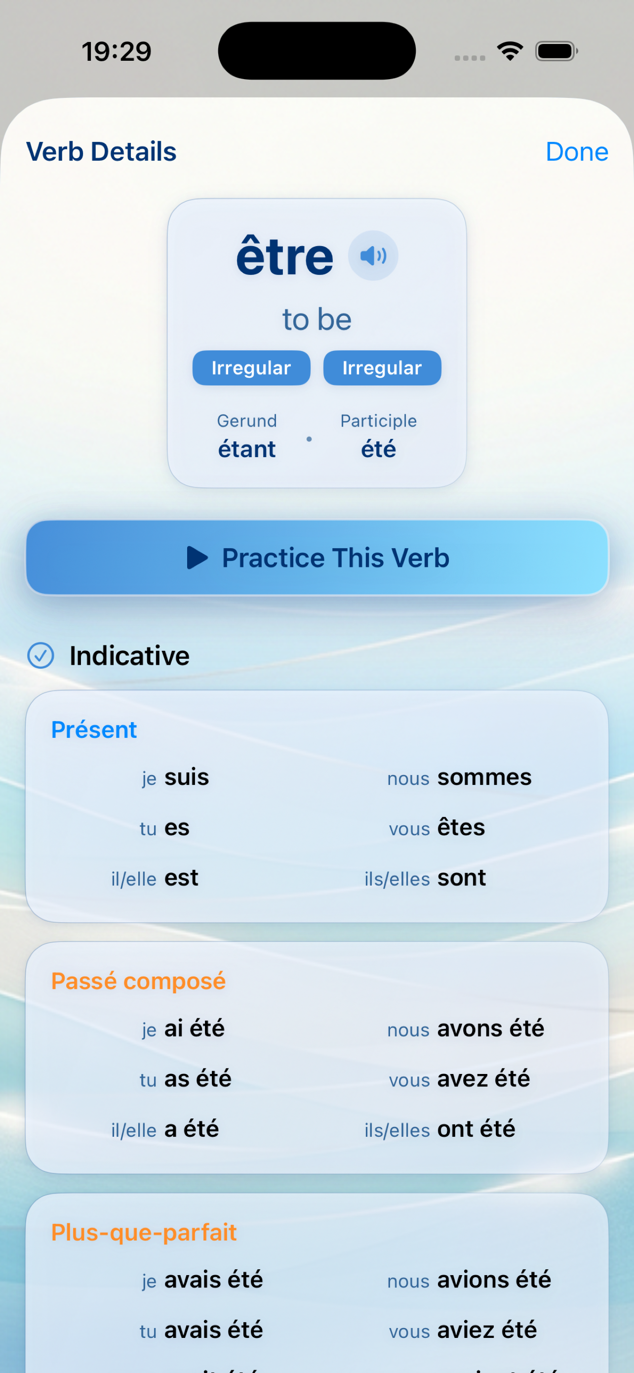 French verb details showing être conjugation tables